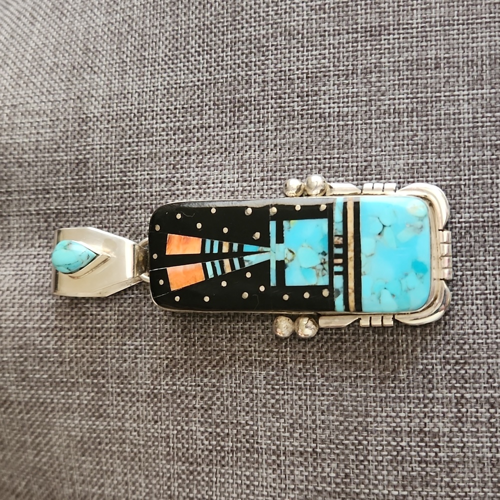 Amazing Handmade Native American Navajo Inlaid Pendant by Ray Jack 💙🖤🩵